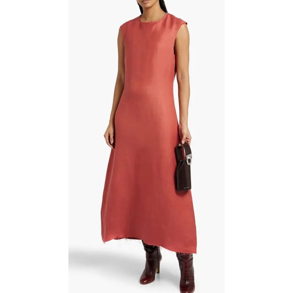 Loulou Studio Sonora Linen Blend Maxi Dress Terracotta Frayed Trim Size S